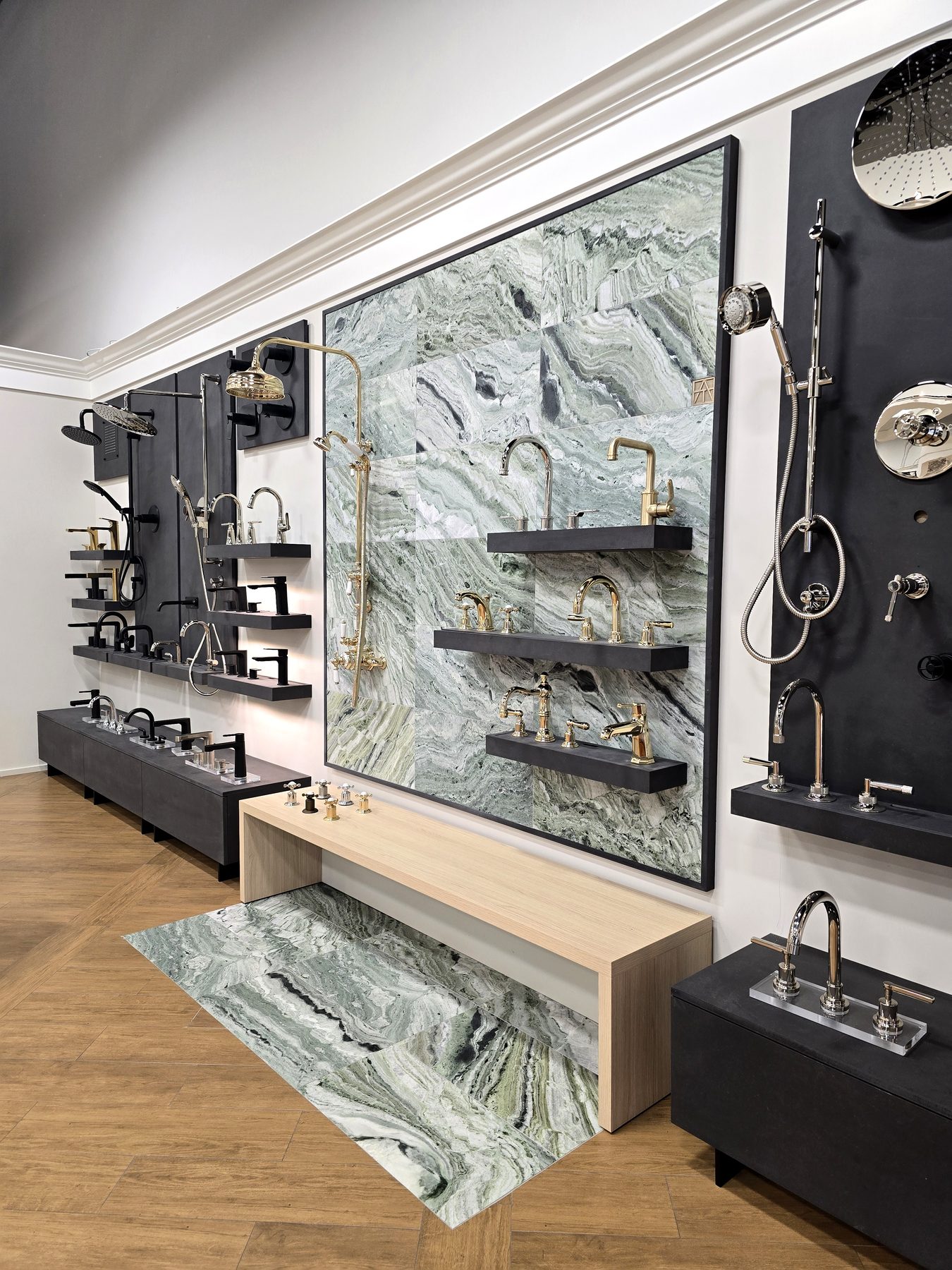 Green marble feature wall with floating shelves