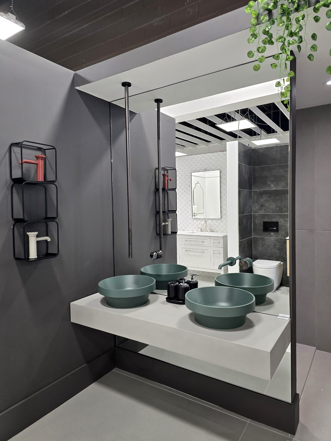 Green basins on a floating counter