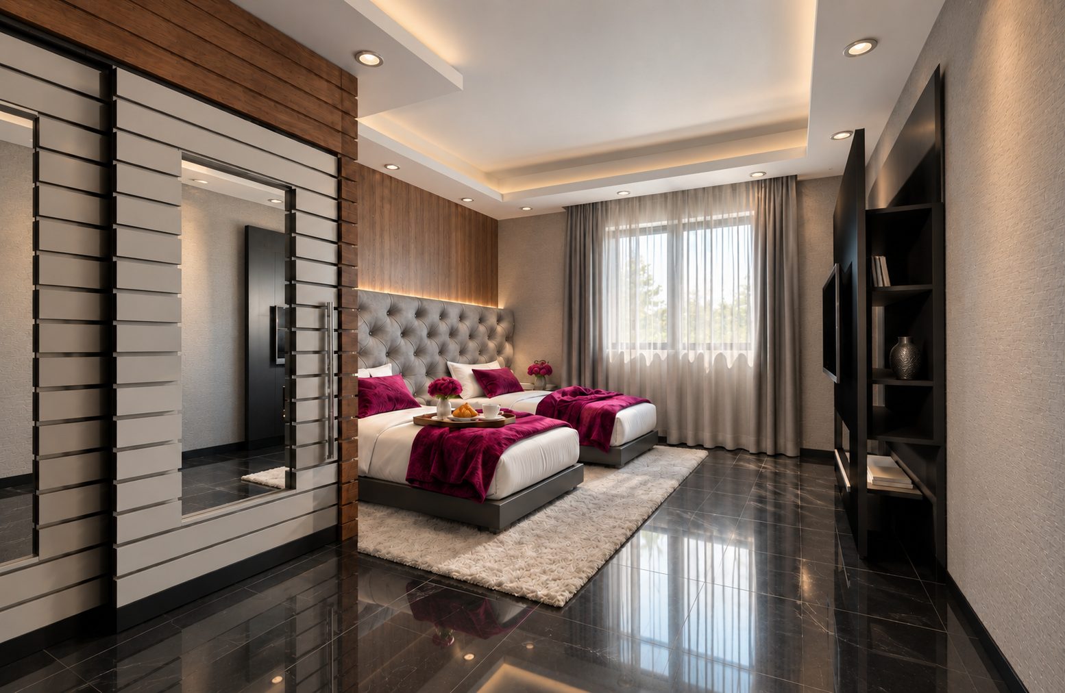 Boutique hotel bedroom with walnut slats