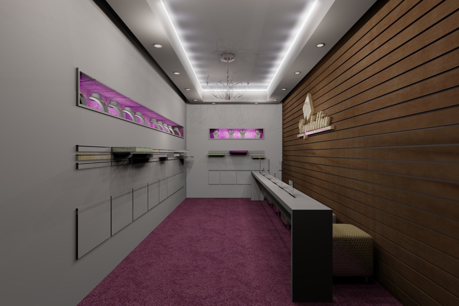 Jewellery boutique with a walnut wall and lit display niches