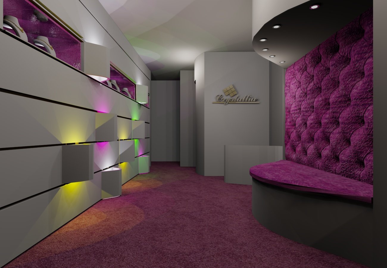 Purple velvet lounge bench and display wall