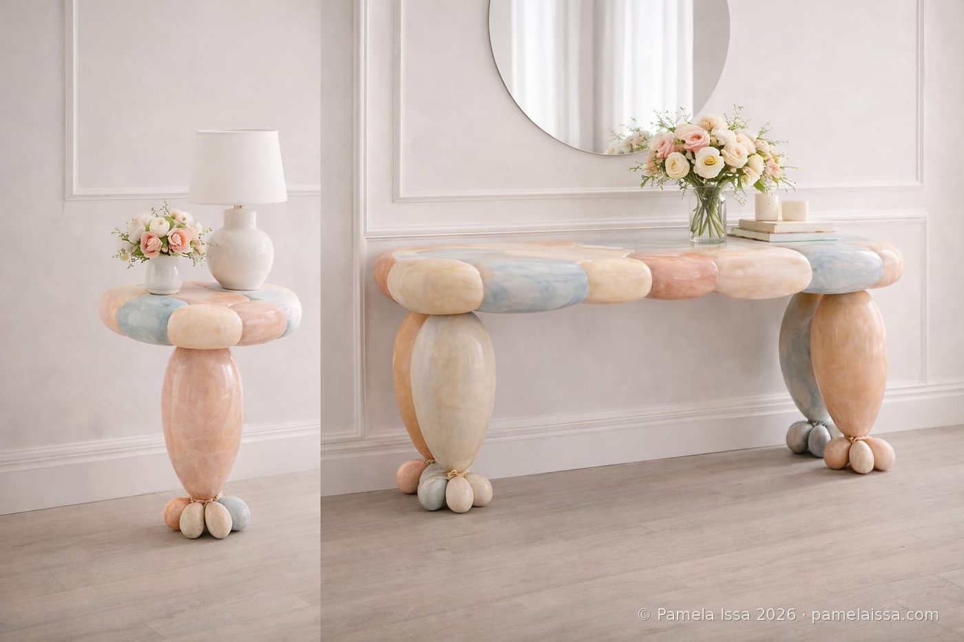 Balloon Collection console and side table, original design by Pamela Issa