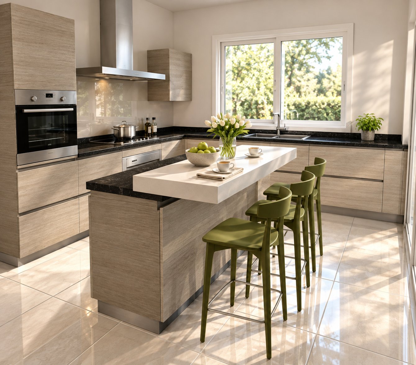 Oak kitchen with a white breakfast bar and garden view