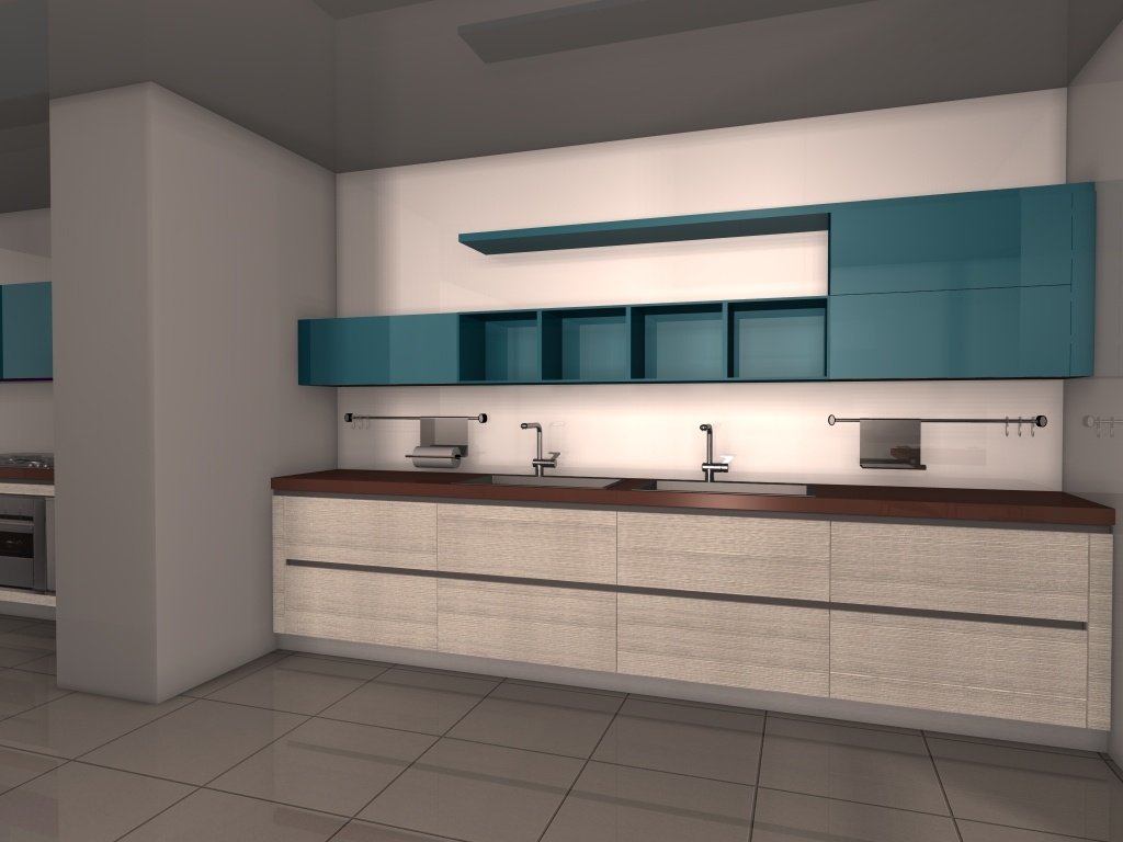 Oak kitchen with teal open shelving