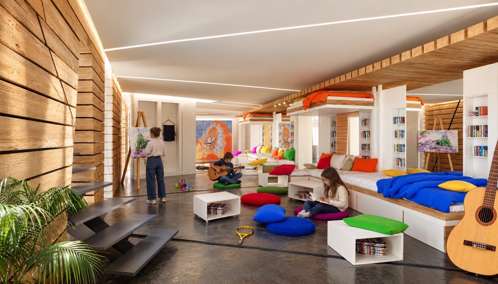 Reading lounge with timber walls and floor cushions