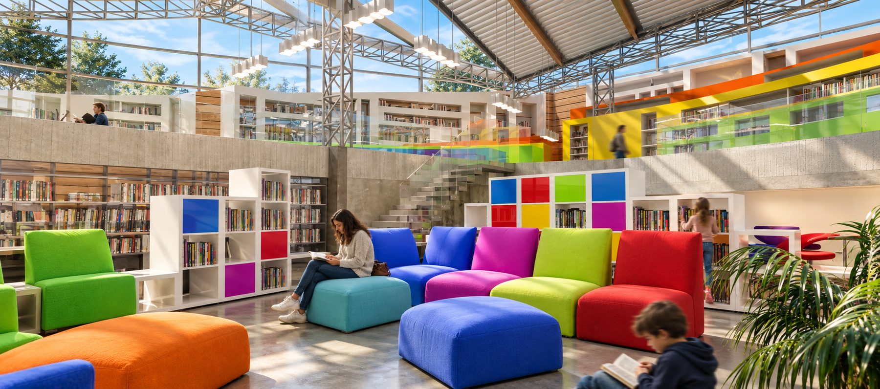 Colourful reading lounge under a glass roof