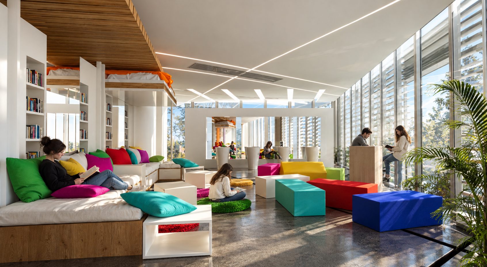 Reading area beside the glass facade