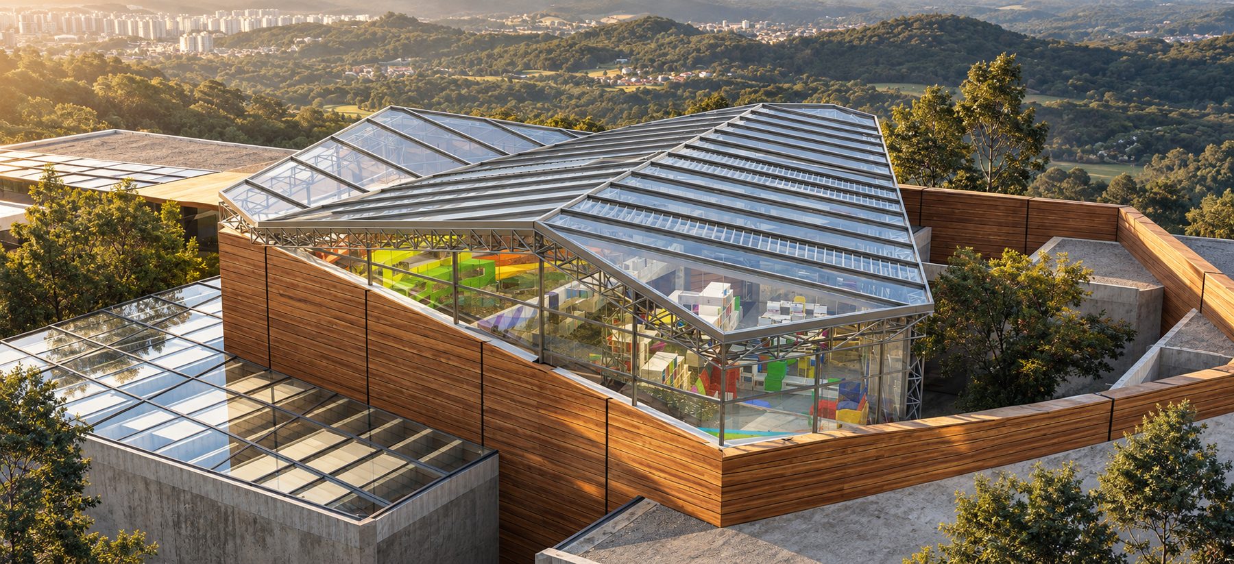 Aerial view of the building and its glass roof